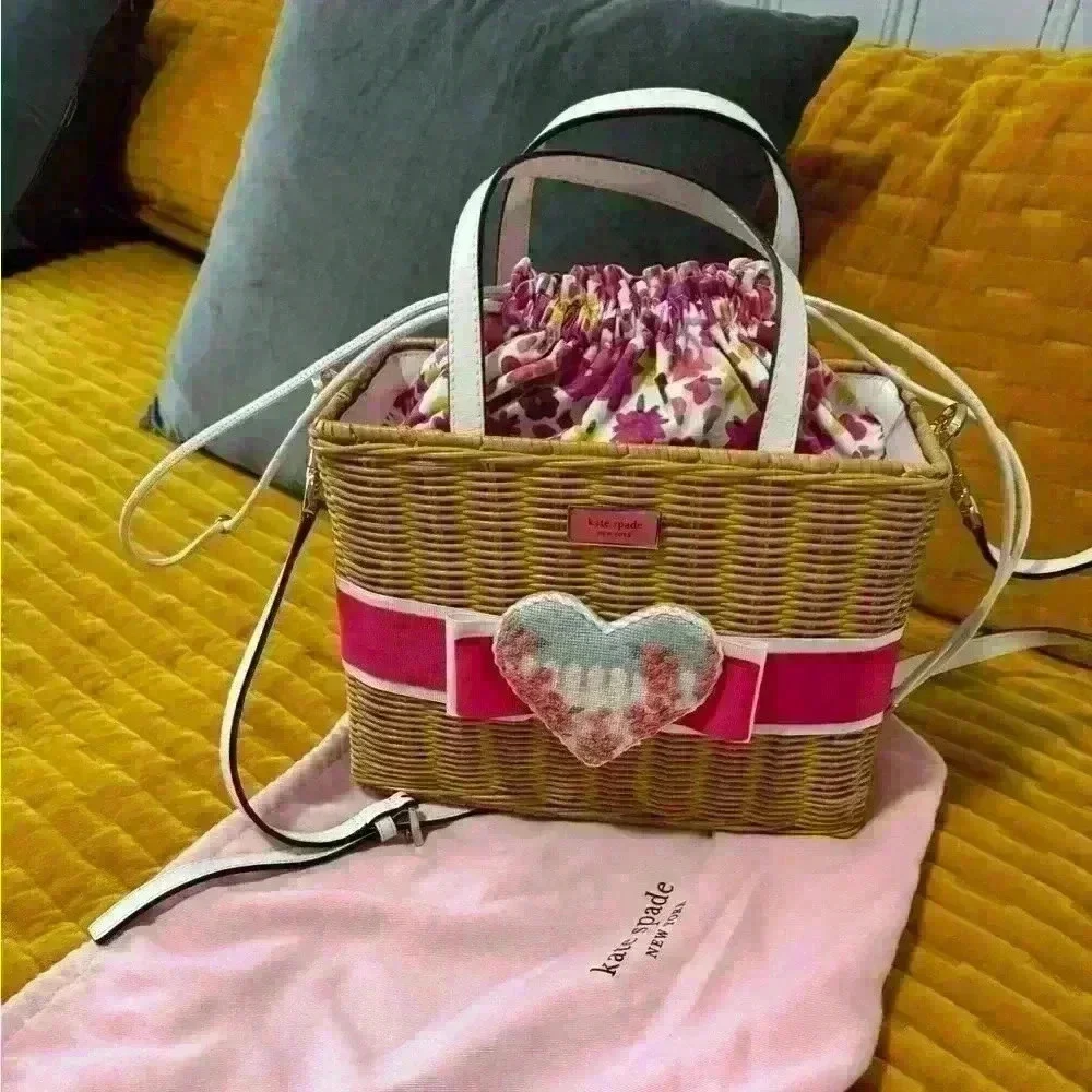 Kate Spade Basket Wicker Handbag with handmade needlepoint heart and pink ribbon